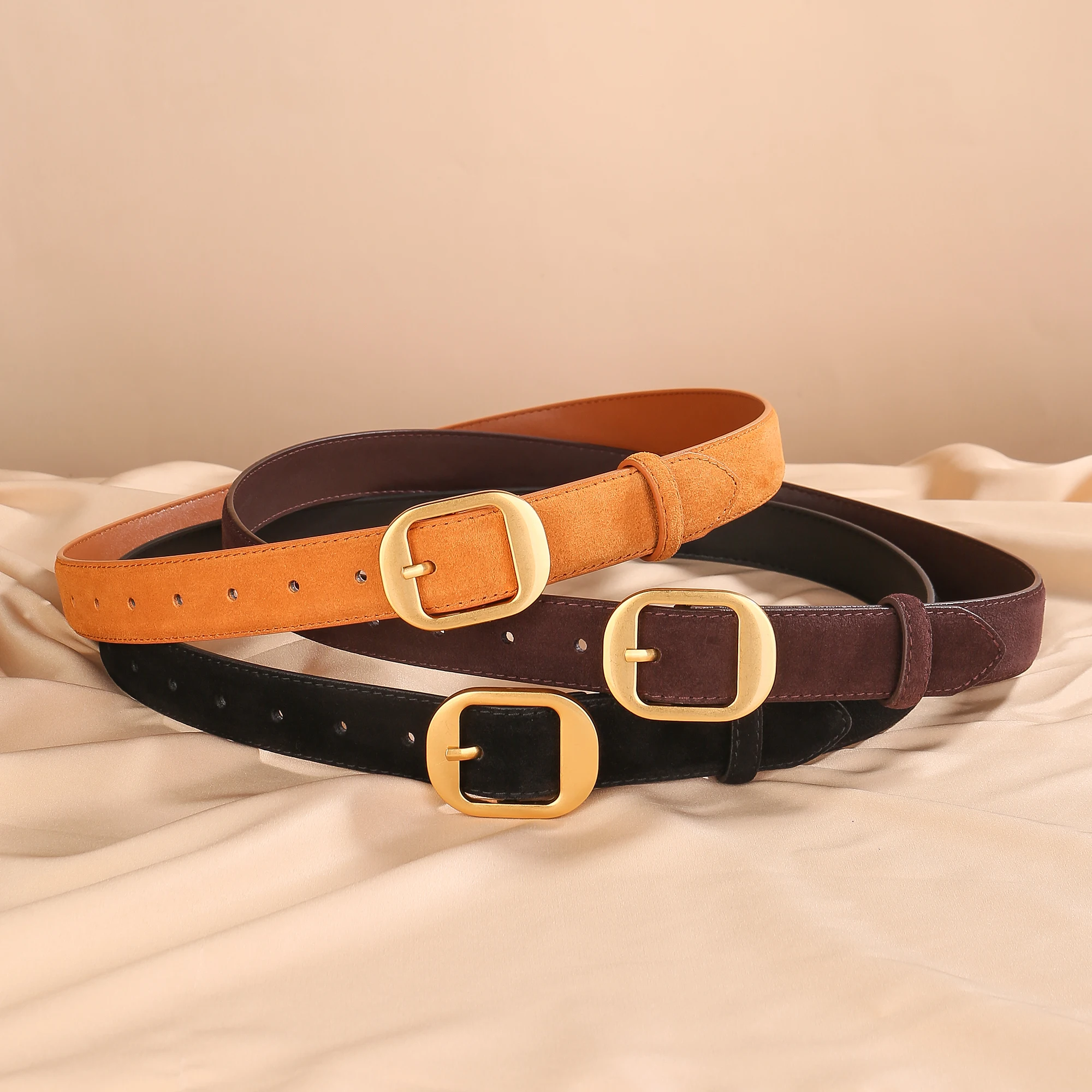 Sabuk Suede Minimalis untuk Wanita, Kulit Premium, Ikat Pinggang Lebar, Dekorasi Gesper Pin, Musim Gugur 2025, Sabuk Jeans Elastis