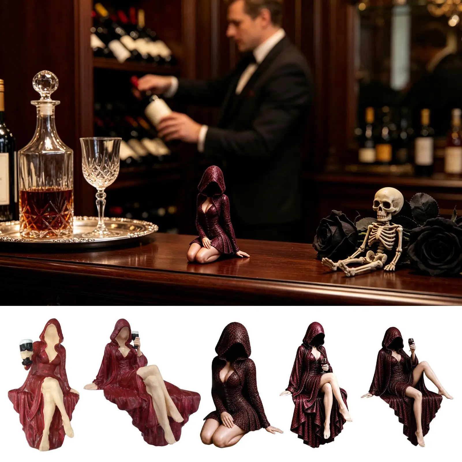 Halloween Gothic Dark Fantasy Statue Faceless Hooded Book Reader Figurine Wine Cup Holder Resin Art Ornament Collectible Decor