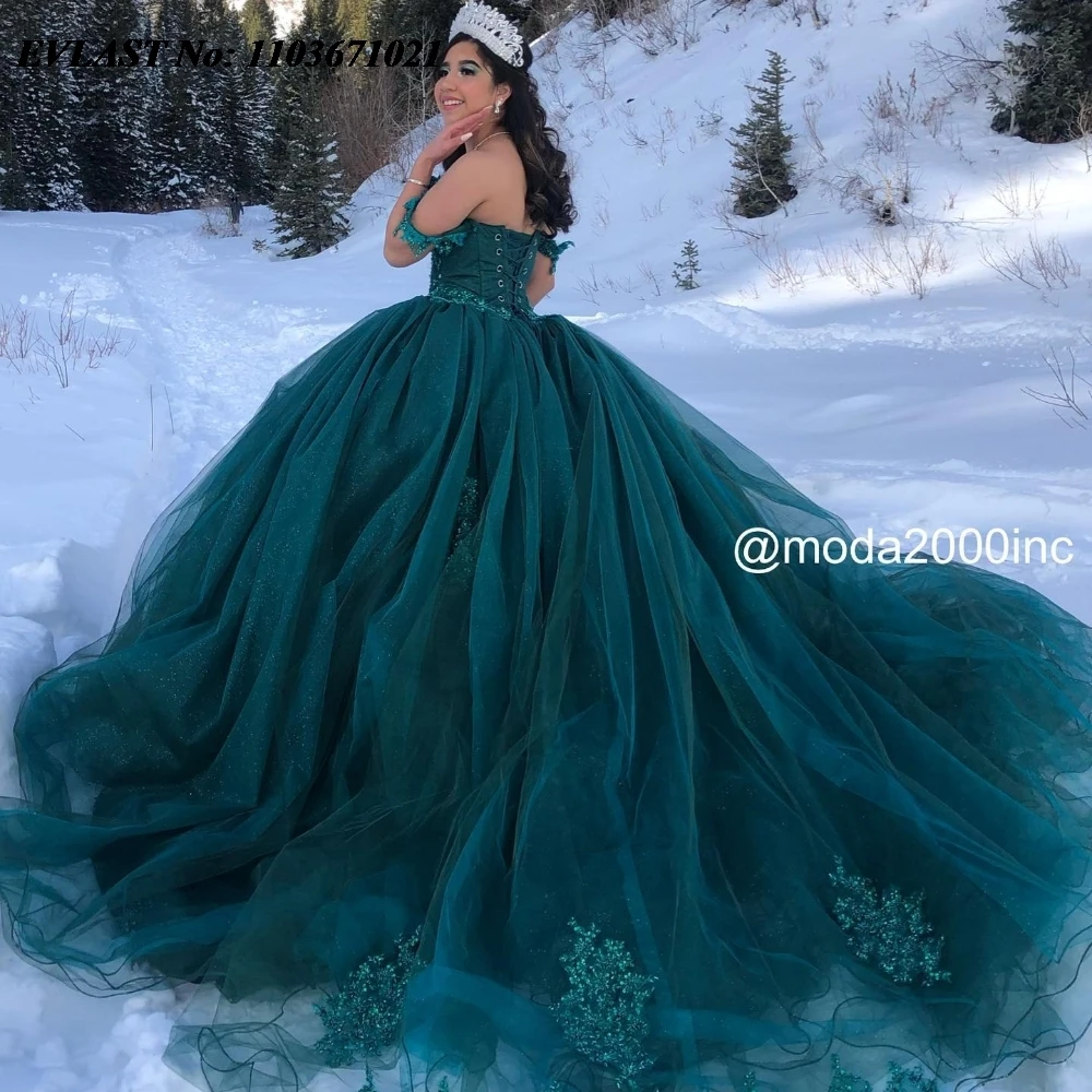 EVLAST Customized Emerald Green Quinnceanera Dress Ball Gown Shiny Lace Applique Beading Sweet 16 Vestidos De 15 Anos SQ603