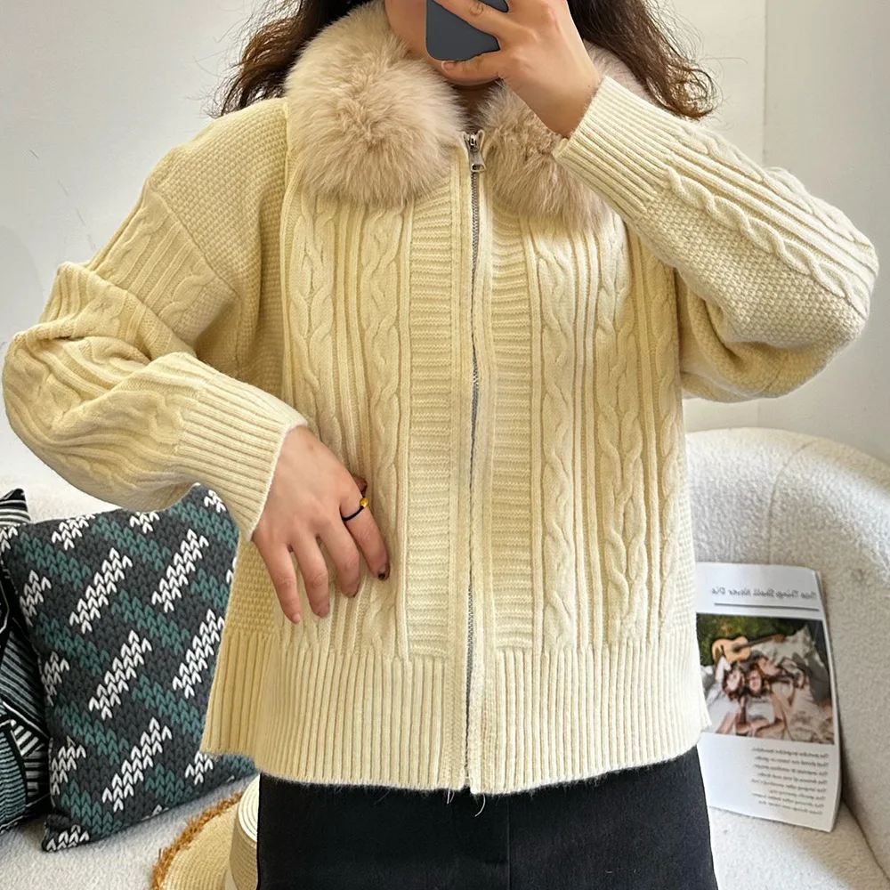 BJTZ ساحة الرقبة ريال فوكس الفراء كابل متماسكة سترة معطف للنساء ربيع الخريف أنيقة تنوعا سحاب أكمام طويلة سترة علوية