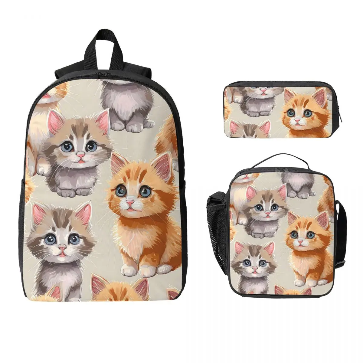 

Gray Ginger And Siamese Kittens Cats Backpack Student Boys Girls BookBag School Bag 3ps Insulated Lunch Bag Pencil Case