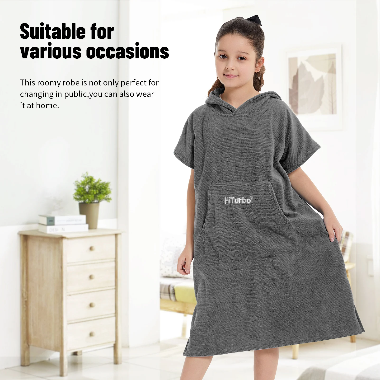 Hiturbo Kinder-Schwimmhandtuch mit Kapuze, Surf-Poncho, Wickelmantel, schnell trocknendes Mikrofaser-Wickeltuch mit Tasche und Kapuze – Detail 9