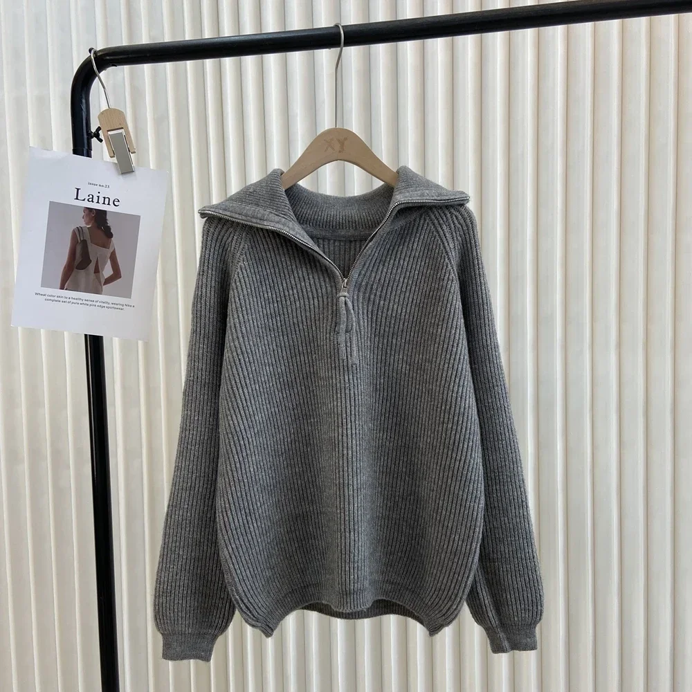 Swetry damskie TPJB Lazy Wind z długim rękawem, w paski, z krótkim zamkiem błyskawicznym, nowy jesienny styl, koreańska moda retro.