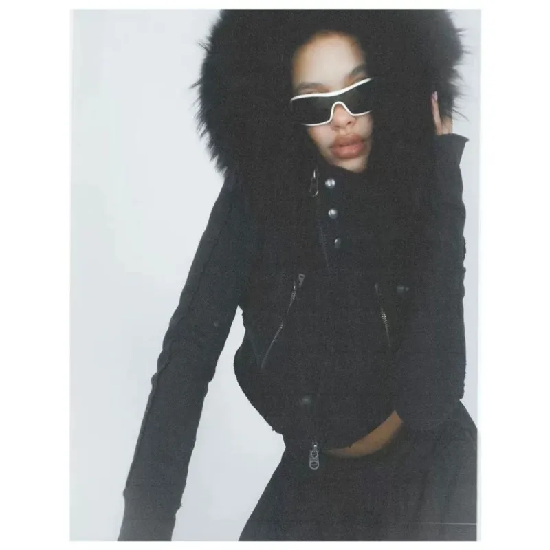 American Y2K Vintage Fox Collar Hoodies Punk Subculture Black Long-sleeved Hoodie Jacket Women's Harajuku Slimming Short Tops