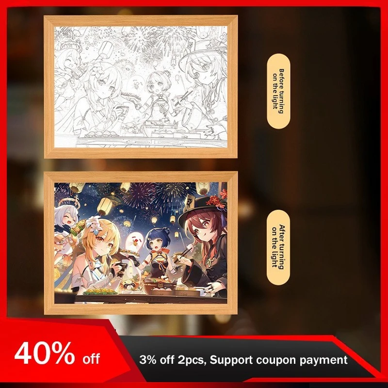 23cm/9.06in Genshin Impact Mirror Light Painting Night Game Group Photo Peripherals Bedroom Decoration Collectible Desk Display