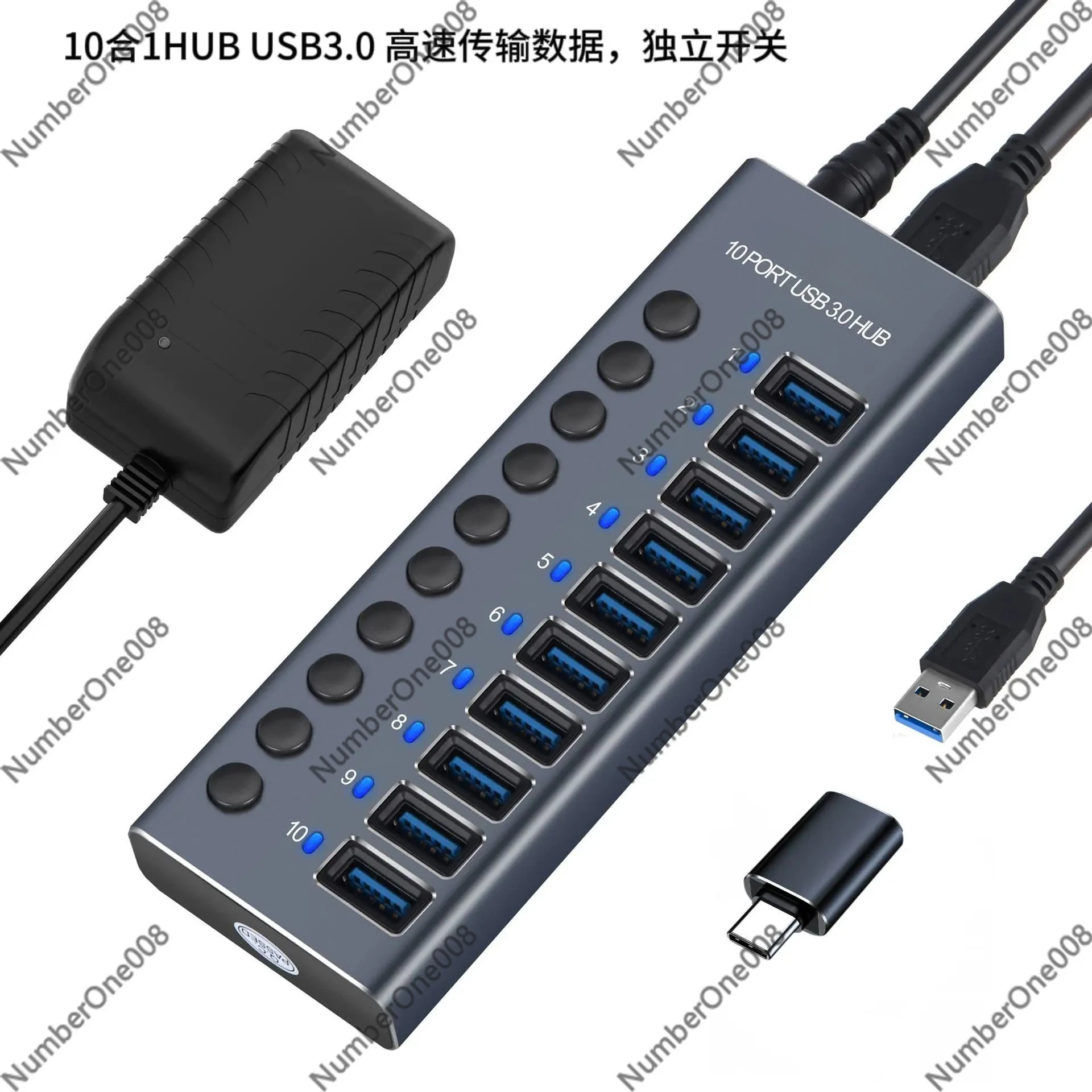 Aluminum 10-Port Powered USB 3.0 Hub with Individual Switches, 5Gbps High Speed Splitter for Laptop PC