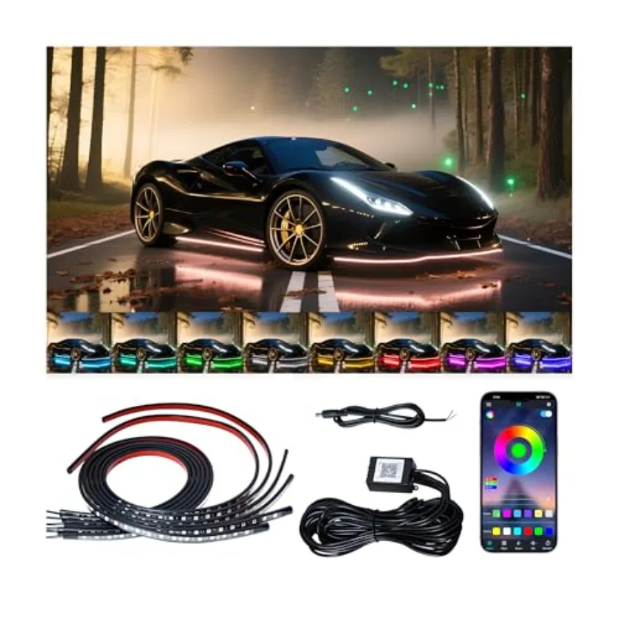 

【В наличии】Светодиодные ленты для подсветки днища автомобиля - комплект из 6 RGB неоновых лент с 360 светодиодами, управление через Bluetooth-приложение, 8 цветов/синхронизация с музыкой