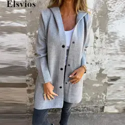 Elegant Button Lapel Collar Jacket Women 2024 Solid Color Office Midi Coats Fashion Winter Autumn Long Sleeve Hooded Outwear