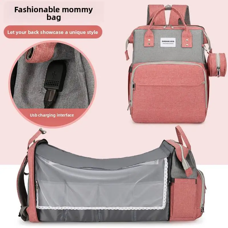 Folding Mommy Bag Lightweight Portable Folding Crib Bed Large-capacity Baby Backpack Female Mommy Outting Bag Mummy Bag