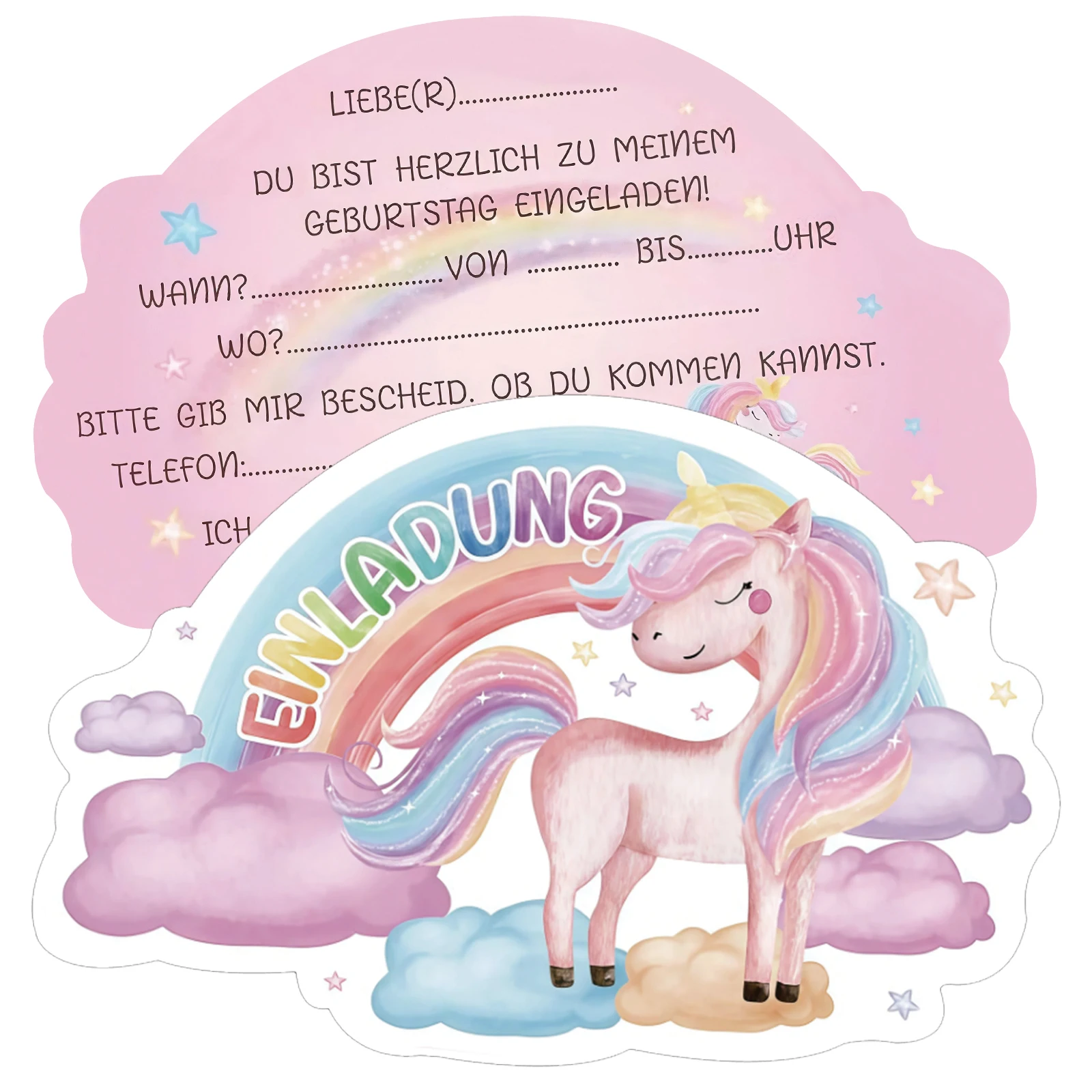 12 Stück Einladungskarten mit Einhorn-Motiv, rosa Regenbogenwolken-Design, niedliches rosa Einhorn, geeignet für Geburtstagsfeiern, Themenpartys