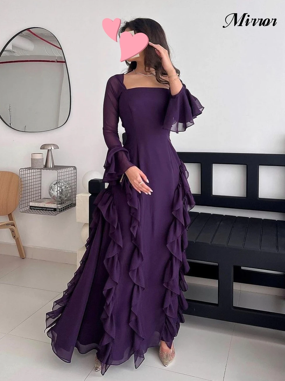 Robe de Sirène Violette à Volants et Col Carré, Tenue de Bal Élégante et Vintage pour Occasions Formelles