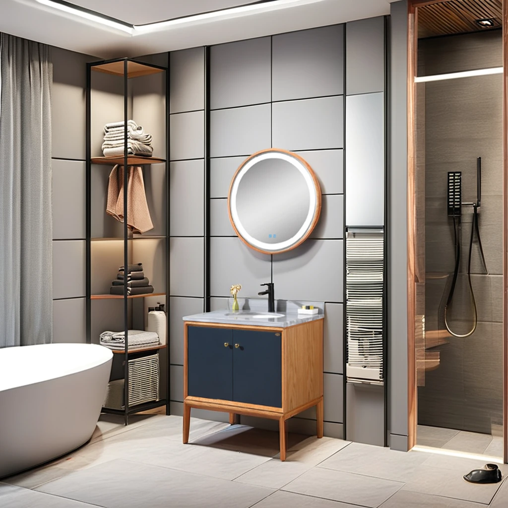 Imagen 3: Mueble de tocador de baño de madera maciza moderno, espejo de baño de pie impermeable para uso doméstico o en Hotel para apartamento