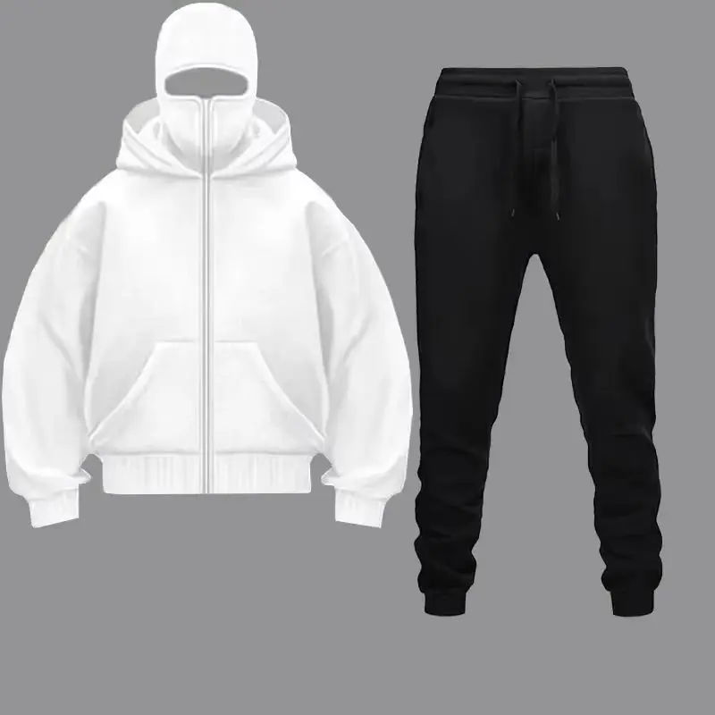 

2025 Autumn Winter Men Zippered Hooded Sweatshirt Set - Balakrava Street Fashion Windproof Ninja Design Two-Piece Set