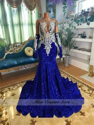 Glitter Royal Blue Luxury Diamonds Prom Dresses Crystal Beading Tassles Gloves Elegant Party Dress Formal Evening Gowns Customiz