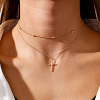 Vintage Cross Pendants Necklace for Women Gold Silver Color Multilayered Oval Beads Chain Necklace Minimalism Female Jewelry