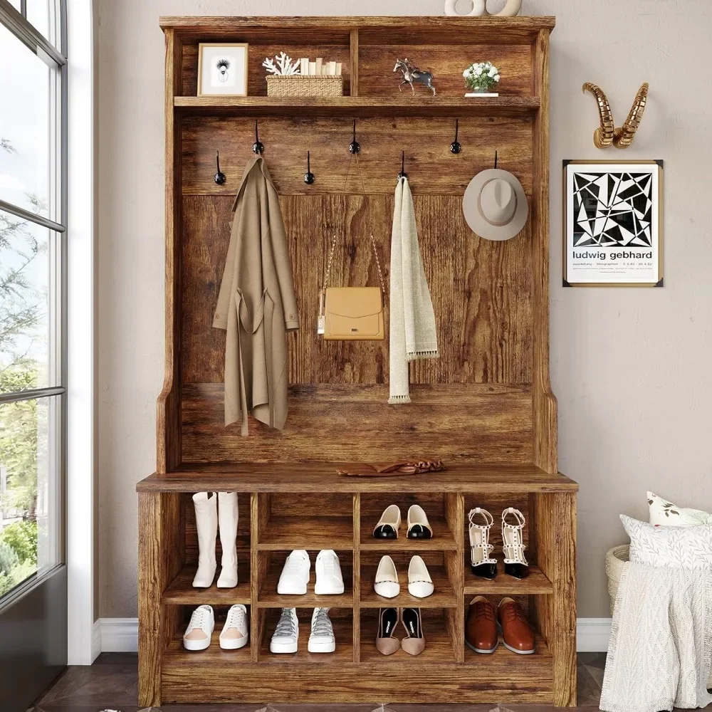 Hall Tree with Bench and Shoe Storage, Entryway Bench with Coat Rack, Shoe Cabinet with Coat Hooks, Rustic Brown