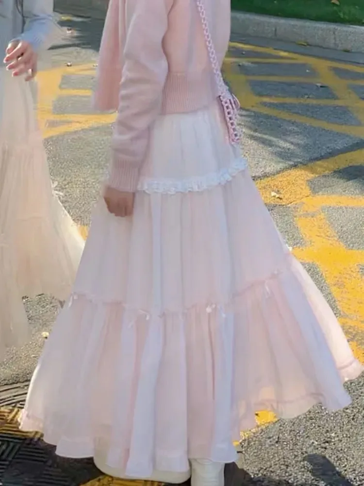 Sweet Skirts Women Bowknot Lace Patchwork Stretch High Waist Spring 2025 Fashion Elegant Long Skirt Female Casual