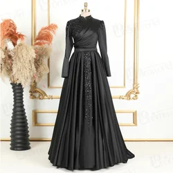 Black Long Sleeve Modest Evening Dresses Fully Lined Crew Neck Muslim Hijab Formal Dress For Women 2024 Elegant Satin Beaded