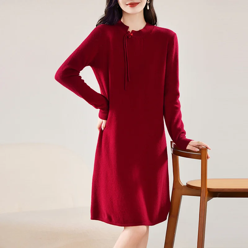 Long Dresses Autumn Woman Jackets 2024 100% Wool Knitting Women Dress Long Sleeve Dress On Offer Clearance Free Shipping