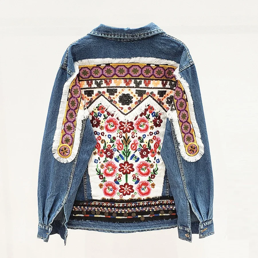 Gypsylady Cotton Denim Jacket Floral Embroidery Retro Boho Appliques Jacket Coat Women Long Sleeve Denim Outwear Chaquetas