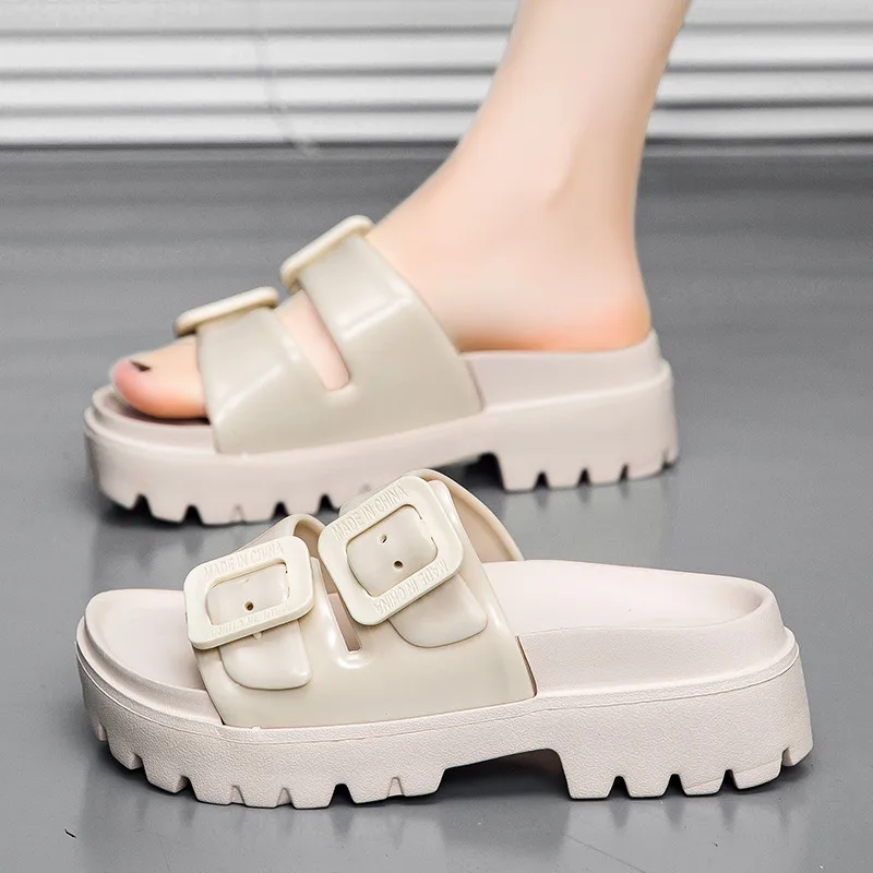 

Summer Stylish Beige Slippers Women's Buckle Sandals Comfy Soft Platform Sandals For Women Non-Slip Outdoor Beach Slippers Women