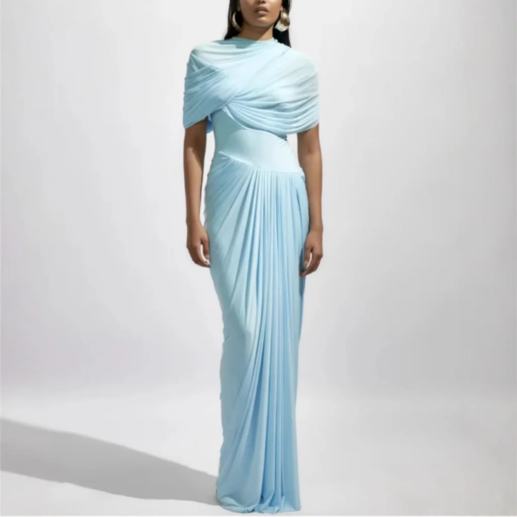 

2025 Spring/summer Retro Shawl Pleated Body Length Dress