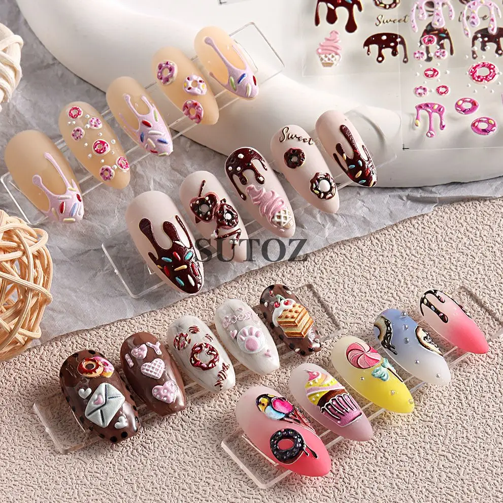 5d rosa Donuts geprägt Nagel Aufkleber bunte Cartoon Eis Kuchen Schokolade Dessert Nail Art Aufkleber Maniküre Dekor LEBJI-5D50