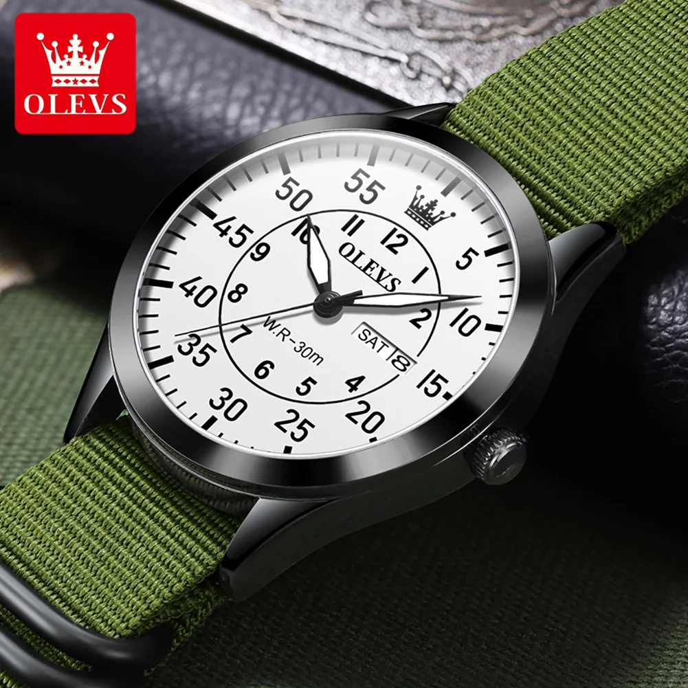 OLEVS-ساعة كوارتز مضادة للماء للرجال ، ساعة رجالية ، مضيئة ، تاريخ الأسبوع ، حزام نايلون ، فاخر ، رياضي ، علامة تجارية مميزة ، موضة جديدة ، 9973