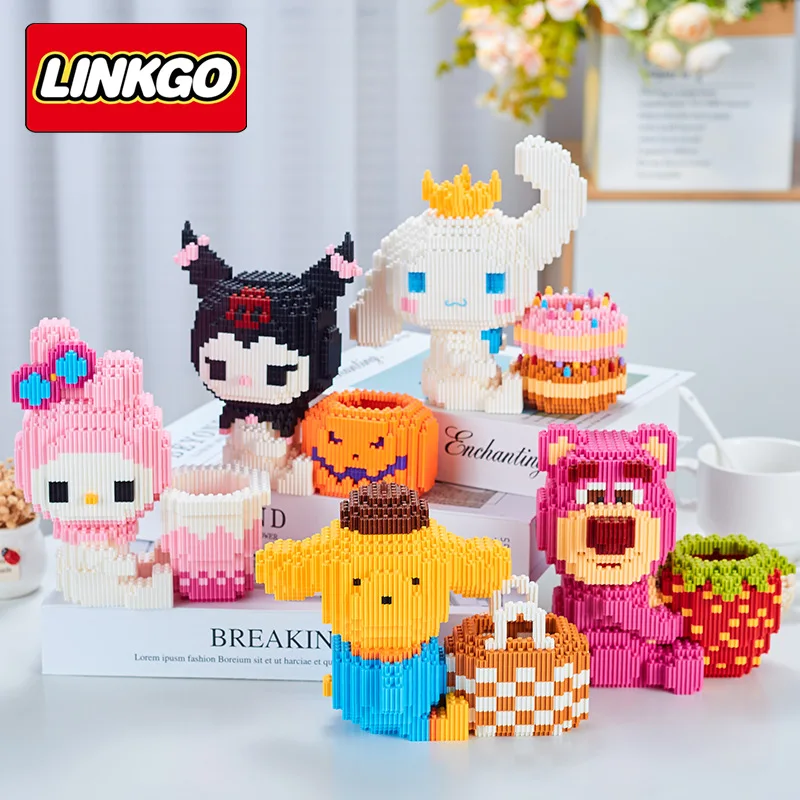 Sanrio Micro Building Blocks Cinnamoroll Kuromi Melody Pen Container DIY Pompom Purin Assembled Mini Brick Figure Toys For Kid