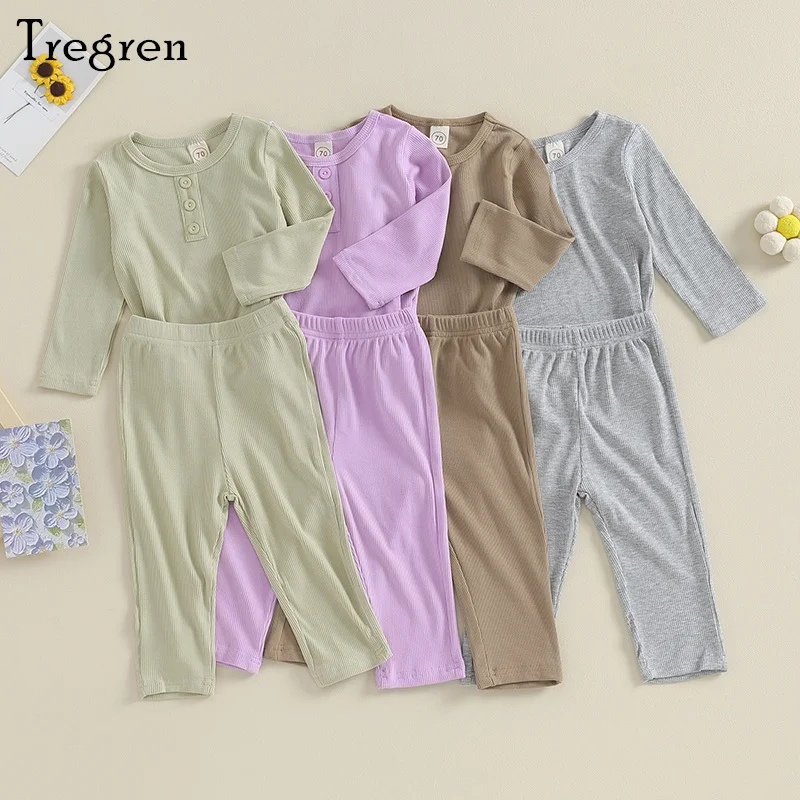 

Tregren Toddler Baby Boy Girl Fall Clothes Solid Color Ribbed Long Sleeve Round Neck Button T-Shirt Tops Pants Set 2Pcs Outfit