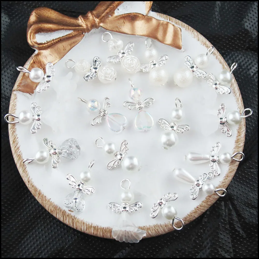 20Pcs/Lot White Dancing Heart Rose Flower Horn Acrylic Angel Silver Plated Wings Charms Pendants