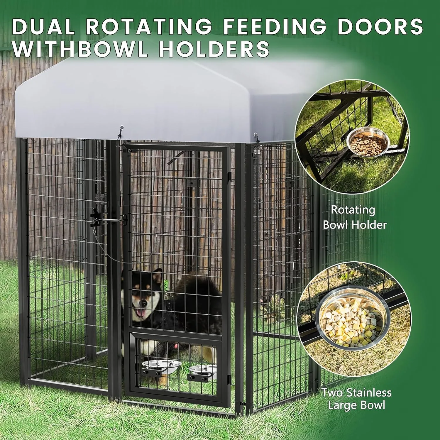 4x4x6ft Large Outdoor Dog Kennel with Rotating Dog Bowl,Heavy Duty Welded Wire Dog Run,Dog Playpen Fence(4x4x6ft)