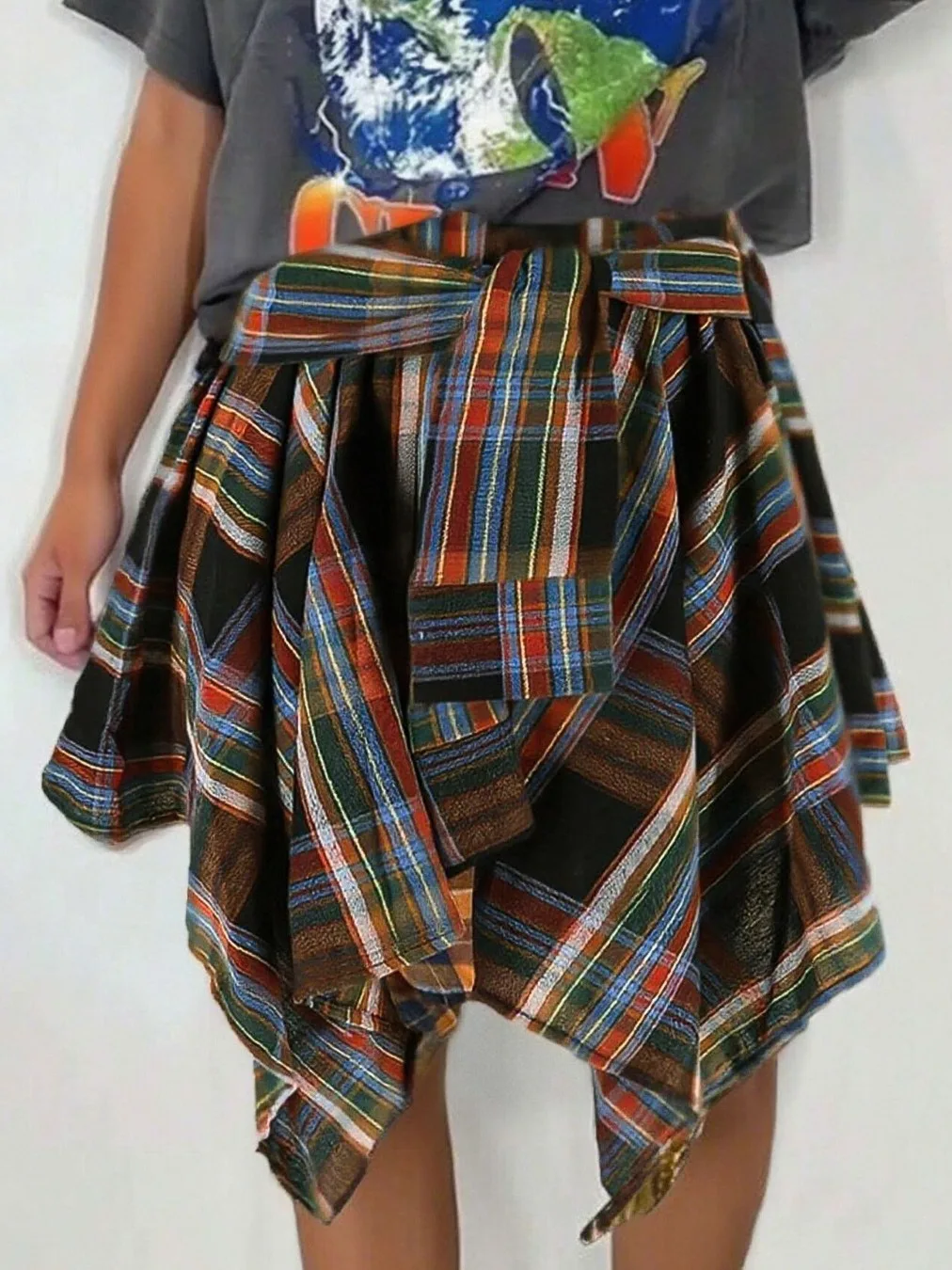 

Повседневная эластичная талия с высокой талией, модная клетчатая асимметричная юбка с поясом, удобная мягкая юбка из полиэфирного волокна