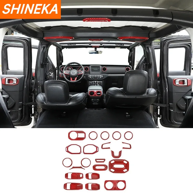 SHINEKA Car Interior Red Carbon Fiber Center Console Decoration Stickers Accessories For Jeep Wrangler JL Gladiator JT 2018-2023