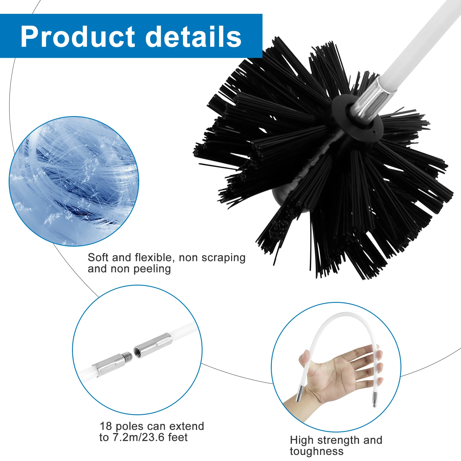 Chimney Cleaning Brush Set 7.2m Extendable Flexible Dryer Vent Cleaner Soft Bristle Air Duct Cleaning Tool for Chimney Tubes