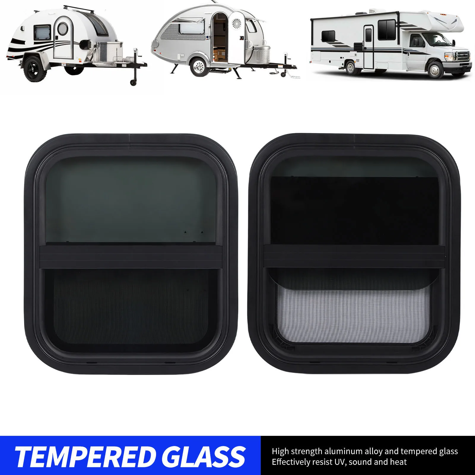 

RV Window Trailer Window Waterproof Sealed Tinted Tempered Glass Pull Opening Rounded Corner with Clamp Ring for Camper Vehicle