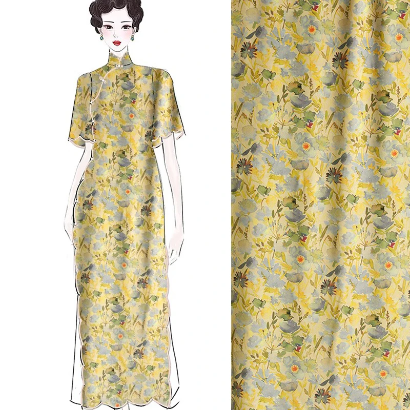 Soft and Breathable Rayon Fabric for Thin Clothing Dress Cheongsam,Gray Floral Printed on Yellow,145CM Wide Sewing Material R548