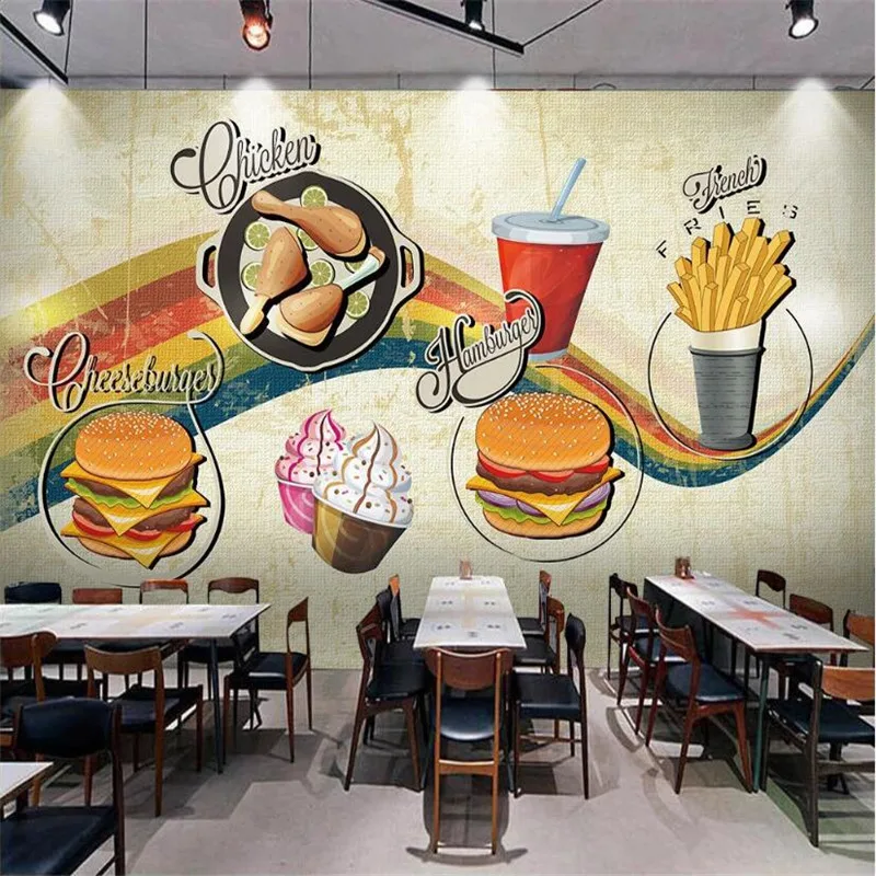 

Retro Hand-painted Burger Fried Chicken Ice Cream Mural Wall Paper 3D Fast Food Restaurant Snack Bar Industrial Decor Wallpaper