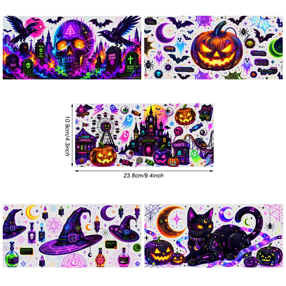 5 Sheets Halloween Skull Neon Glow UV DTF Stickers Suitable for 16 oz Glass Cups Decoration Glass DTF Transfer Stickers