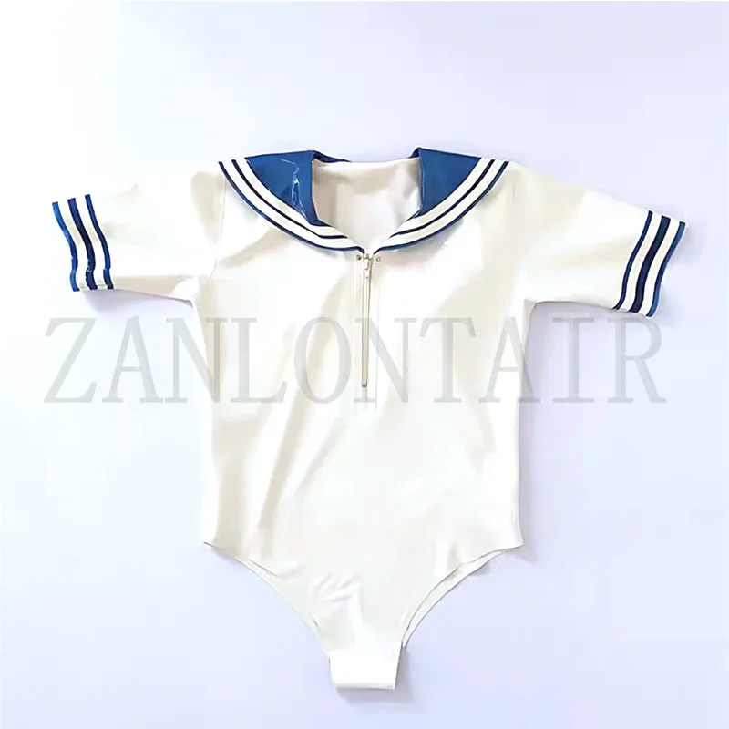 

Exotic Women Female White Latex Handmade Navy Sailor Swimming Suit Cekc Briefs Catsuits Tops Fetish Uniform Customize Size