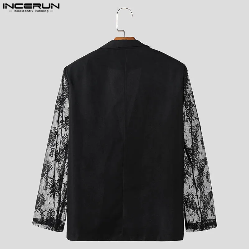 INCERUN Men Blazer Lace Patchwork Transparent Lapel Long Sleeve Casual Male Suits Streetwear 2024 Fashion Party Thin Coats S-5XL