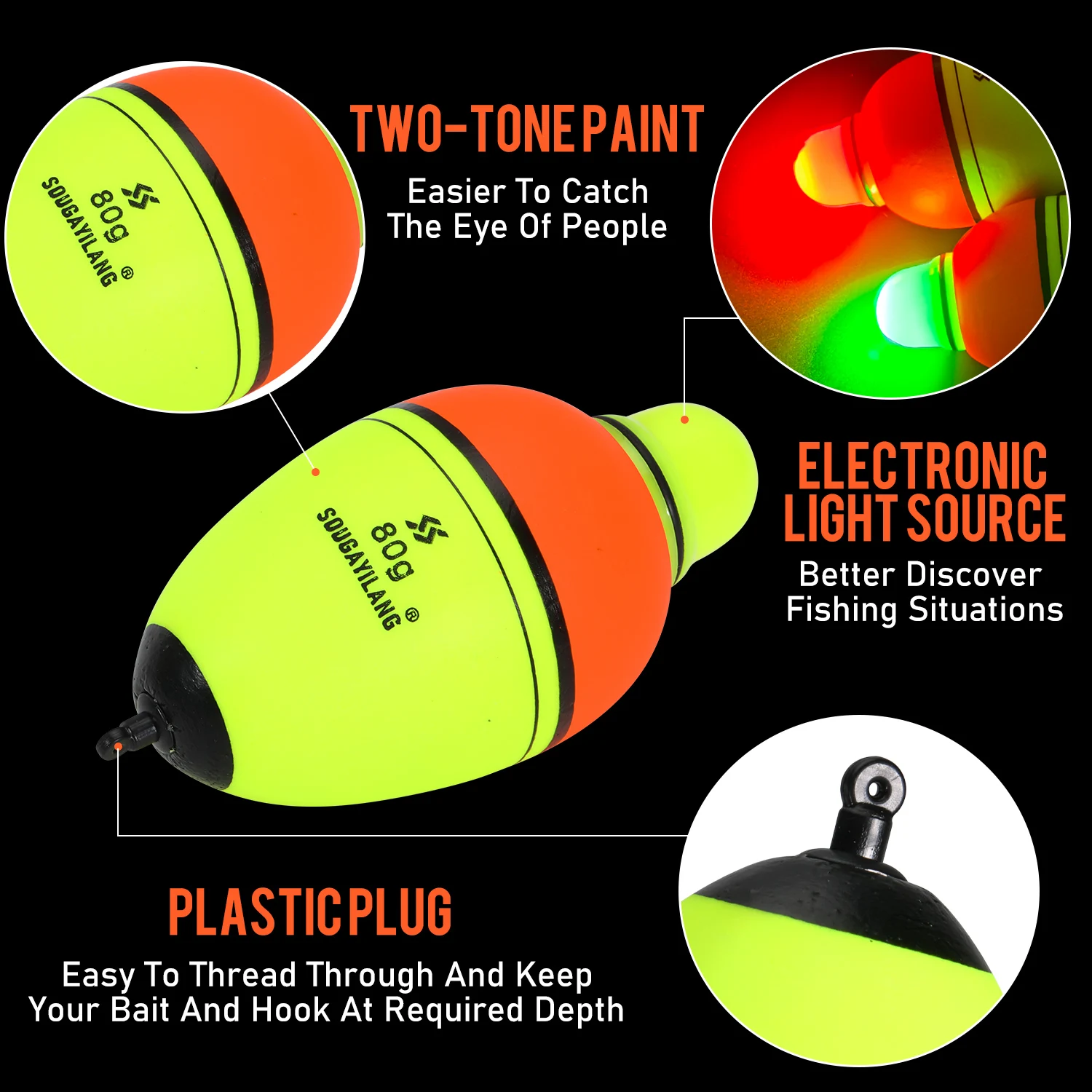Sougayilang Luminous Fish Floats 2Pcs with 6 Size Options made from High Density Foam for 30-100g Buoyancy Fishing Pesca