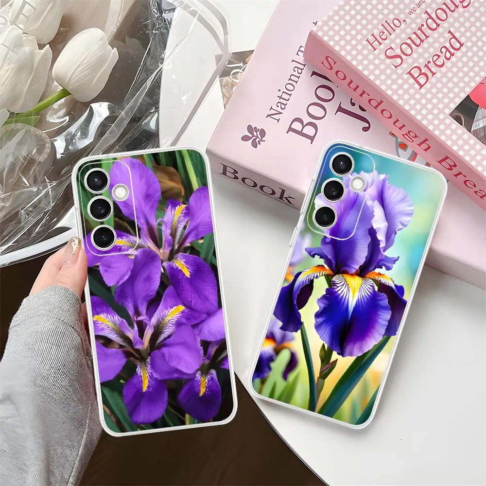 Aesthetic Iris Flower Phone Case for Samsung Galaxy S25 S24 S23 S22 S21Plus FE Ultra Soft TPU Clear Shockproof Cover