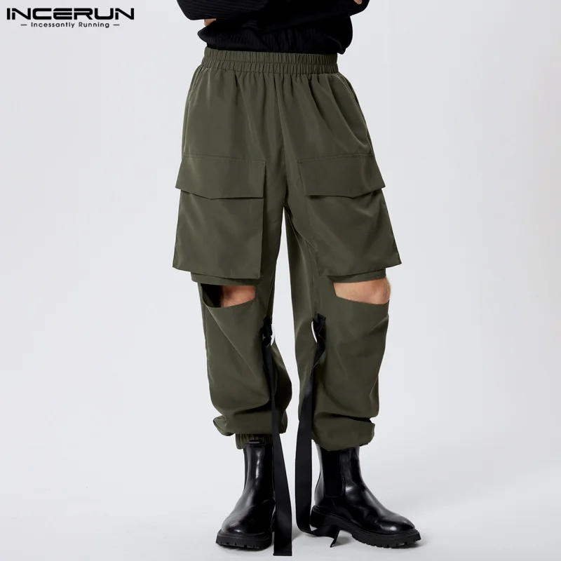 INCERUN Mens Cargo Pants Solid Color Elastic Waist Loose Hollow Out Casual Trousers Men Streetwear 2024 Pockets Fashion Pants