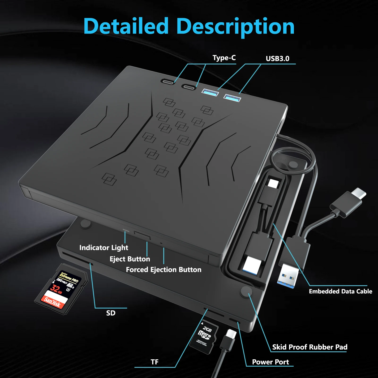 

Hooqu Hot Selling Upgraded Multifunctional 7-in-1 Cd Writer Burners Optical Drive USB External DVD Player Card Reader Drive