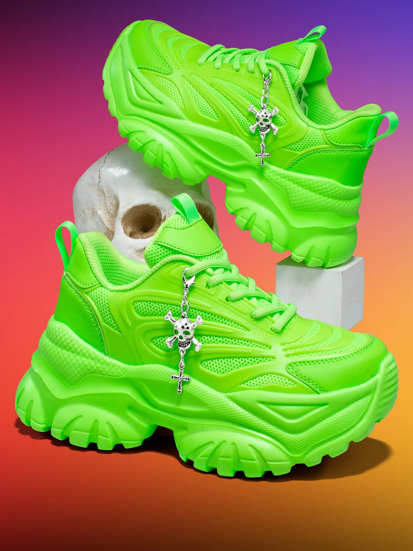 Damen-Outdoor-Allwetter-Modische Dad-Schuhe, Eva-Leichtgewicht-Sneaker mit dicker Sohle und 7 cm Absatzhöhe, orangefarbene Sportschuhe mit abnehmbarem silbernen Kreuz- und Totenkopf-Anhänger im Halloween-Punk-Stil, vielseitig einsetzbar für den täglichen Arbeitsweg und Fitness – Detail 30