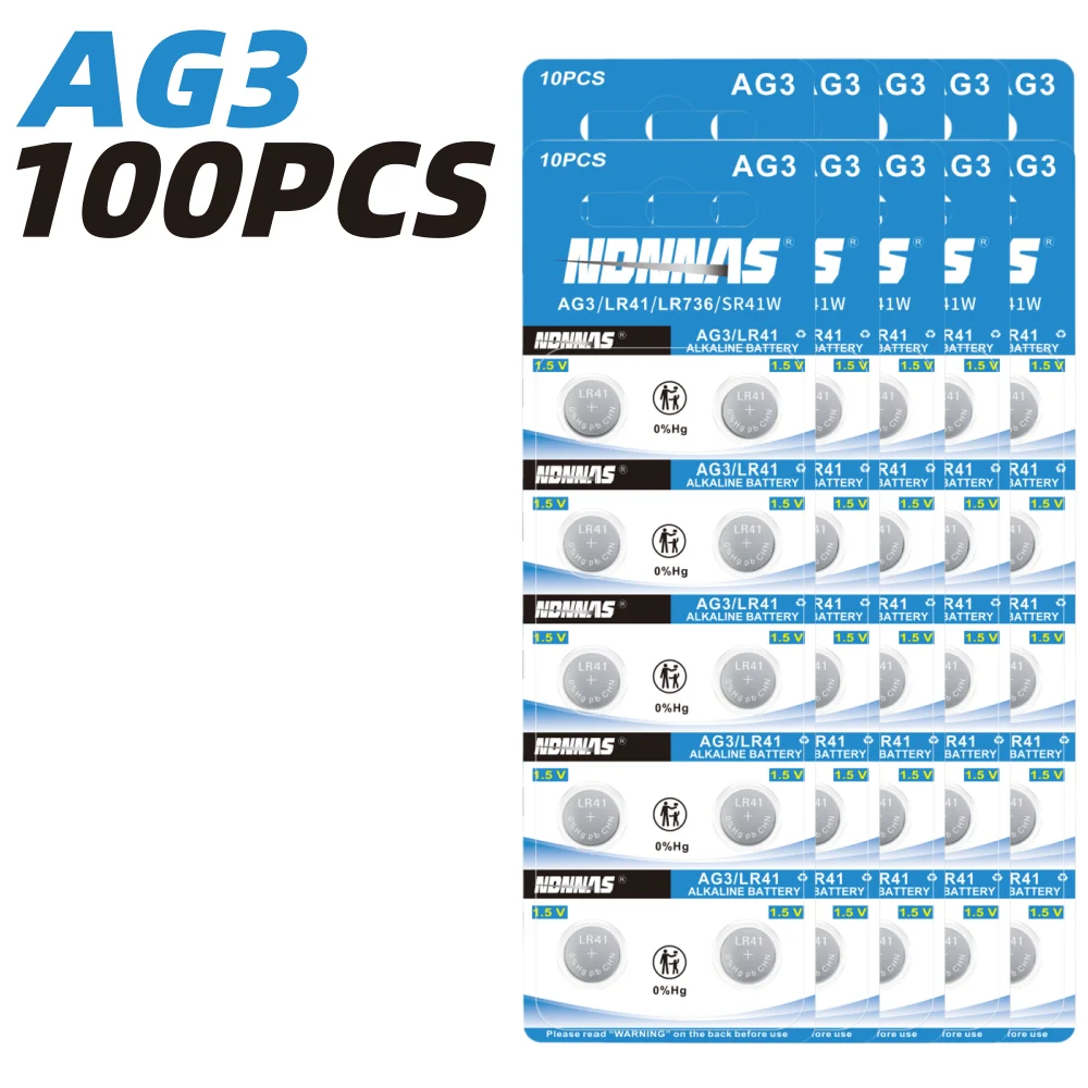 100Pcs AG3 42mAh LR41 SR41SW 1.5V Alkaline Button Coin Cell Battery Compatible For Watch Key Fob Remote Clock Electronic Device