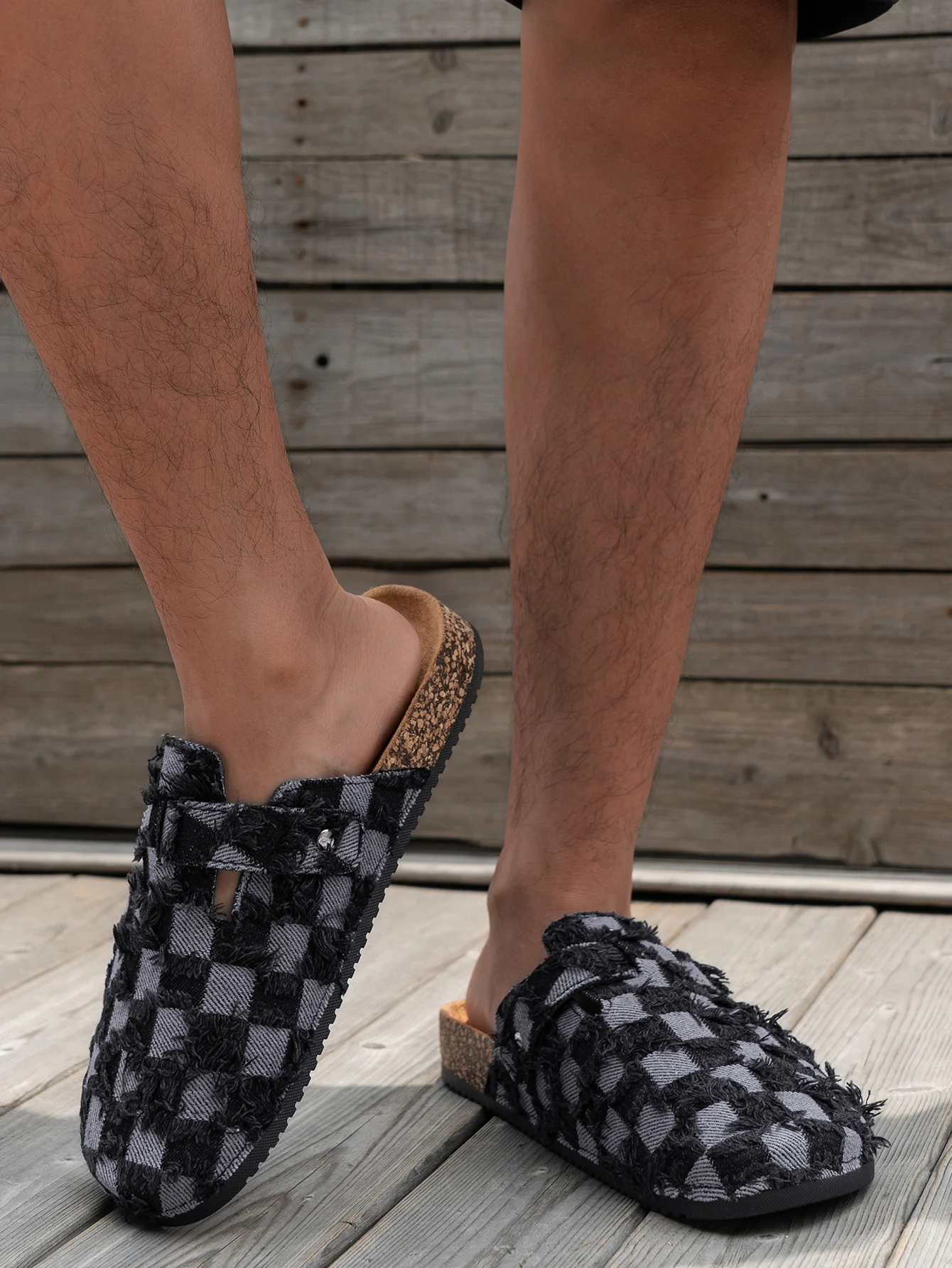 Men's New Spring Retro Mules, Casual Slip-On Shoes, Denim Upper, Cork Grain, Closed-Toe Half-Slipper Flat Slippers with Adjustable Buckle