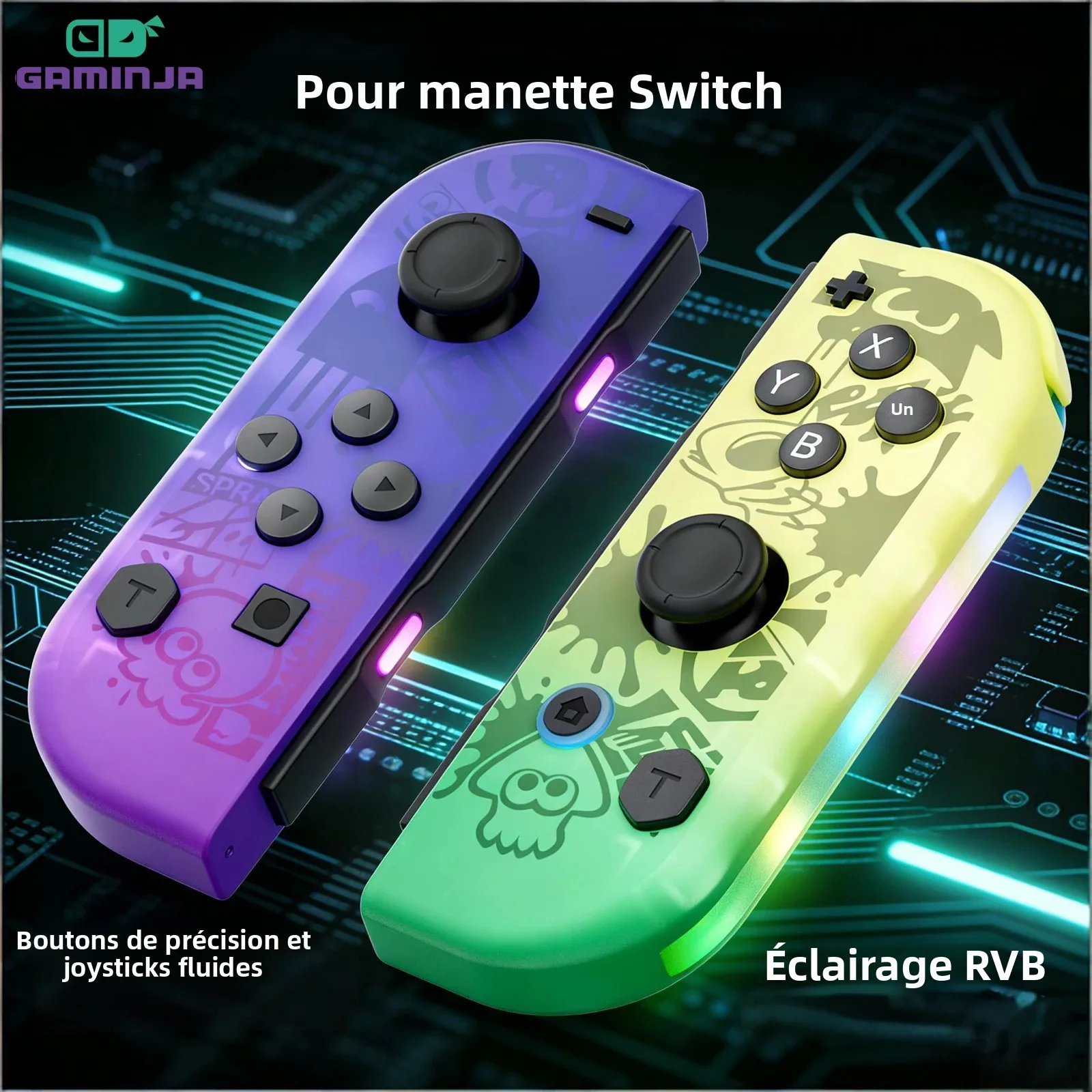 GAMINJA – contrôleur Joy-Con sans fil pour Nintendo Switch, rétroéclairage RGB, double retour de vibrations, Joystick de haute précision