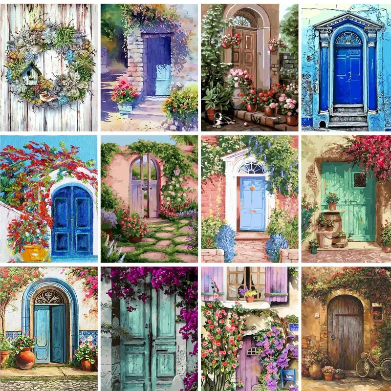 GATYZTORY Ölgemälde nach Zahlen für Erwachsene und Kinder, handgefertigt, Diy-Geschenk, blaue Tür, Landschaft, Bild nach Zahlen für Zuhause, Wanddeko